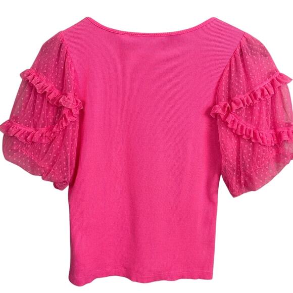 Anthropolgie Maeve Bright Pink Ribbed Top Sheer Ruffled Sleeves Size MP Barbie - Picture 3 of 8